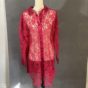 Vintage Victorias Secret Gold Label Lace Front Shirt Dress Hot Pink M/L Lingerie